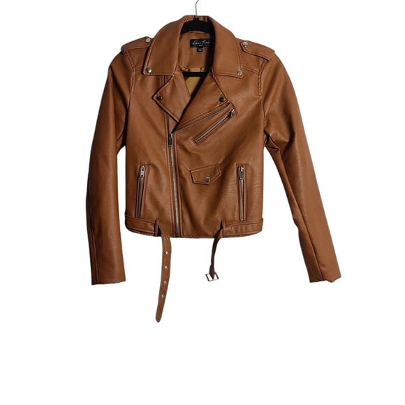 Love Tree Jackets & Blazers - LOVE TREE Tan Vegan Leather Moto Jacket Brown Zip Up Size Small
